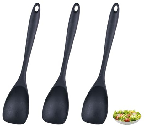 3 Stück Kochlöffel Silikon Set,Silikonlöffel,Schwarz Kochlöffel,Servierlöffel,Silikon Löffel Kochen,Rührlöffel,Cooking Spoon,Kochbesteck,Multifunction,Ergonomischer Griff für Kochen,Camping,Backen
