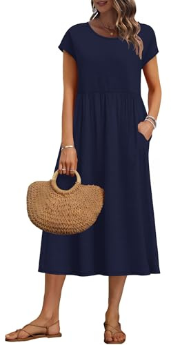 AUSELILY Vestito Estivo da Donna a Maniche Corte Abiti Casual Larghi Abito Midi con Scollo a Girocollo e Tasche