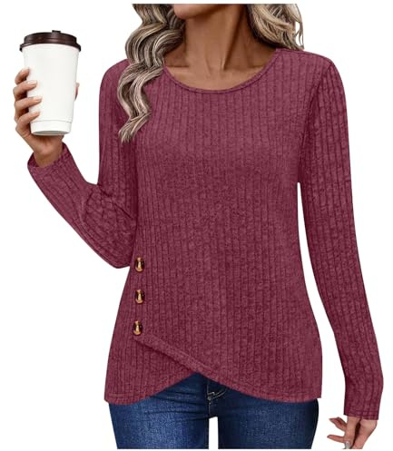 Haut Femme Manches Longues Col Rond Couleur Unie Côtelé Boutons Latéraux Asymétrique Élégant Décontracté Tee Shirt Hauts Tenue Bureau Voyage Loisir