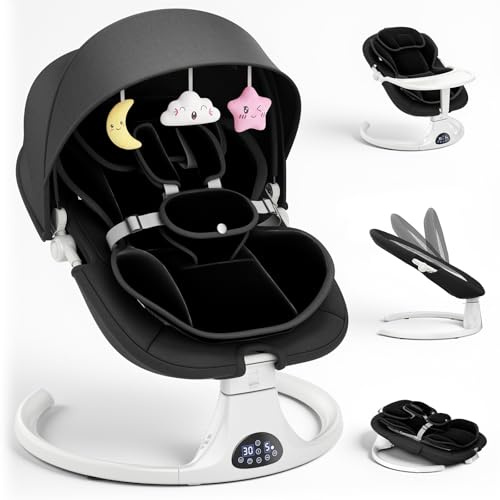 Respaldo Ajustable Hamaca para Bebé, Eléctrica Silla Mecedora de Bebé con Cojín Desmontable y Mesa Auxiliar Desmontable, Control Remoto Hamaca Bebe 5Velocidades de Columpio y 12 Melodias (Negro)
