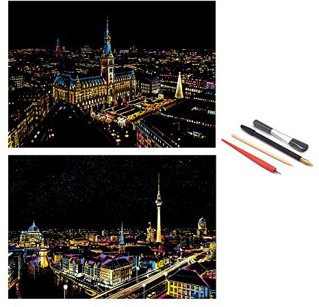 SiYear Scratch Paper Rainbow Painting Sketch, City Series Night Scene,Scratch Painting Creative Gift,Scratchboard for Adult and Kids with 4 Tools