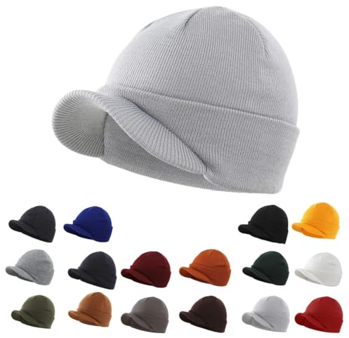 Magracy Unisex Herren Warm Visier Beanie Outdoor Doppelstrick Mütze mit Schirm Wintermütze