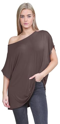 Hamishkane® Bardot säckig stil överdimensionerad t-shirt för kvinnor – ny enkel dam off-the shoulder fladdermustopp, fashionabla damtoppar för vardag och festkläder, Brun, 12-14