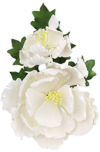O'Creme Gumpaste Flower Spray, White Peony - Edible Flowers for Cake Decorating - Sugar Paste Flower Decorations for Cakes, Candy, Cupcake Toppers - Birthday Party, Wedding, Baby Shower