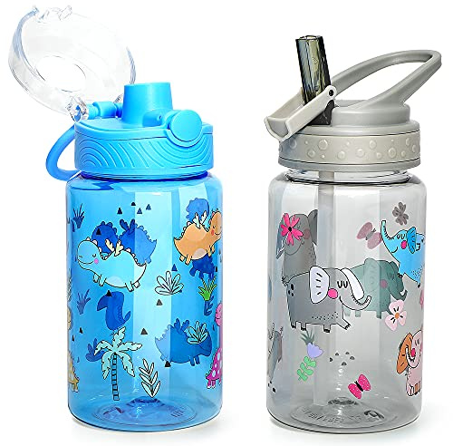 Home Tune 16oz Kids Water Drinking Bottle - Tritan BPA Free, Auto Flip Chug Lid, Sip Straw Lid, Carry Loop, Lightweight, Leak-Proof, Cute Design Girls & Boys - 2 Pack Elephant & Dinosaur