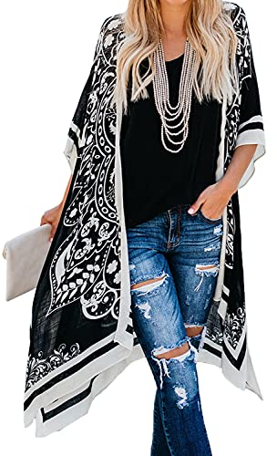 S-kini Damen Kimono Cardigan Sommer Strandkleid Lang Chiffon Strandponcho Pareo Boho Bikini (Schwarz)