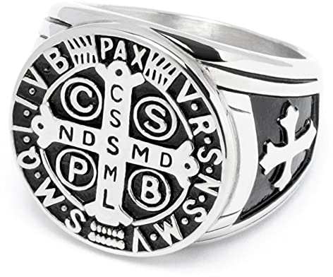 Schmuck-Checker Siegelring mit Benediktus-Kreuz aus massivem 316L Edelstahl Schutzamulett Heiliges Kreuz Bikerring