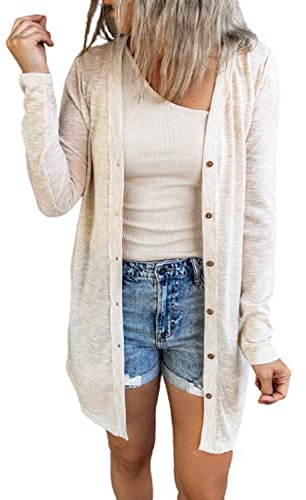 JOCAFIYE Damen Lässig Cardigan Langarm Einfarbig Longshirt Lose Leichte Dünne Lang Strickjacke BWhite L