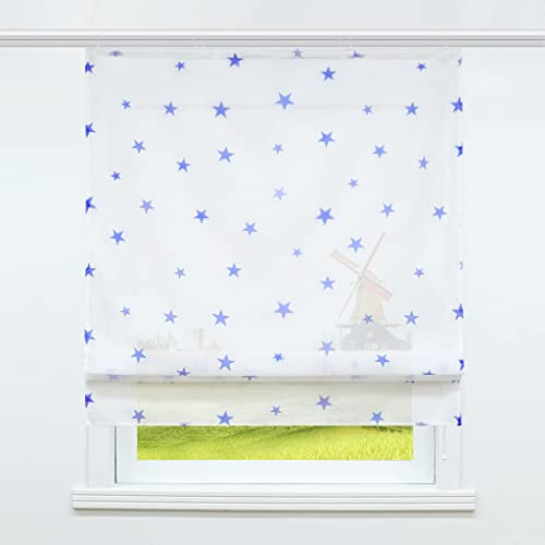 CORLIF Raffrollo mit Klettband Transparente Raffgardine Voile Kinderzimmer Modern Bändchenrollo Vorhänge mit Sterne Muster Blau BxH 120x140cm 1 Stück