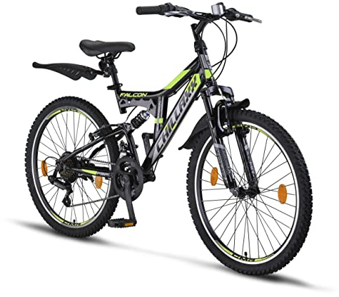 Chillaxx Bike Falcon Premium mountainbike på 24 och 26 tum – cykel för pojkar, flickor, kvinnor och män V-broms – 21 växlar – full fjädring (24 tum, svart lime V-broms)