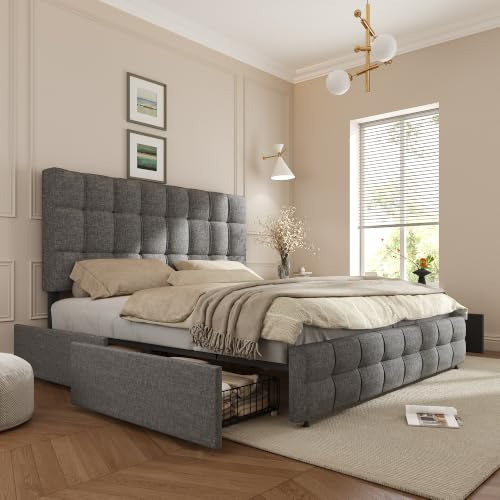 Merax Polsterbett mit 4 Schubladen, Doppelbett mit Lattenrost, 140x200cm Stauraum Bett mit höhenverstellbares Kopfteil & quadratisches Nähdesign, Leinenmaterial, für Erwachsene&Jugendliche, Grau