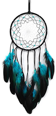 Zueyen Traumfänger, handgefertigt, exquisite Federn und Perlen zum Aufhängen an der Wand, Heimdekoration, traditionelle Kunst, Ornament, Handwerk, für Kinder/Autos/Schlafzimmer/Geschenk (blau)