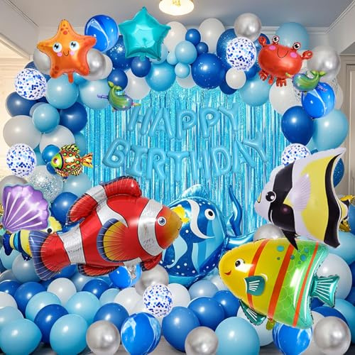 YinQin 176Pezzi Il pallone del partito di compleanno blu dell'oceano contiene la pompa gonfiabile palloncino di compleanno a tema del mondo subacqueo decorazione del pallone di compleanno dello squalo