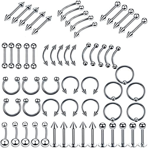 Stfery Septum Ring Silber, Piercing Nase Banane Vergoldet Doppelkugel Gerader Stab Gebogener Stab Schmuck Zunge 60 Stück Damen