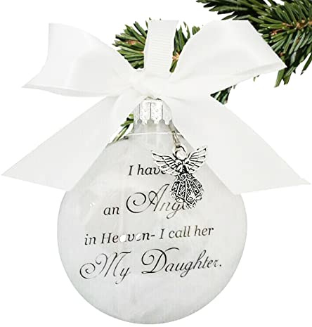 Christmas Memorial Baubles Ornaments Feather Ball “I Have an Angel in Heaven” With Small Angel Christmas Bauble Ornament, Mum Dad Hanging Decoration