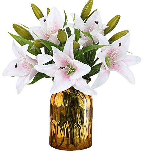 HAOSHICS Künstliche Blumen 8 Stück künstliche Lilien mit 3 Knospen kunstvolle Pflanzenblüten Latex-Blumen voller Blüte Echt-Touch für die Dekoration von Zuhause, Hochzeiten, Partys, Büros, Restaurants