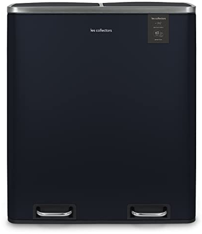 Les Collectors Poubelle de tri à pédale N°908, Acier inoxydable, Double compartiment de 30L, Sac compatible 30L, Tri sélectif, Seaux amovibles, Résistante, Pratique, Fermeture silencieuse, Bleu Nuit