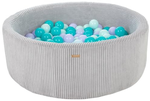 Bällebad Bällepool Bällebecken Spielbecken Kordsamt-Bezug 200 Bälle rund ⌀90 cm (Farbe des Pools/der Bälle: grau/violett, türkis, mint)