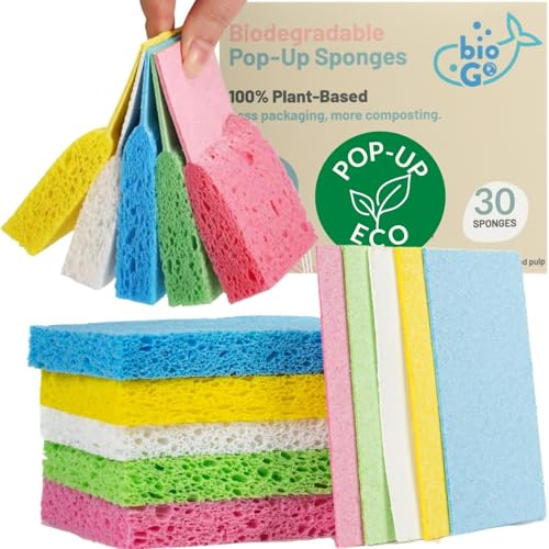 bioGo 30 Pack Compostable Pop-Up Sponges - Expanding, Non-Scratch, Plant-Based - Compostable - Pop Up Sponge - No Scratch