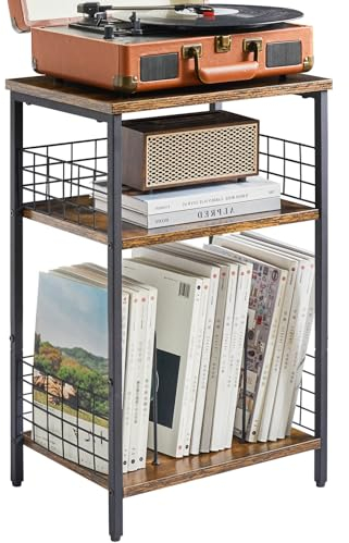 YMYNY Beistelltisch, 3 Ebenen Standregal, Plattenständer mit klassifizierter Lagerung, Schutzeisennetz, für Plattenspieler, CDs, Magazin, Wohnzimmer, Schlafzimmer, Studio Rustikal Braun HST009H