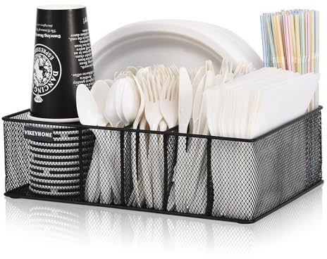 VIKEYHOME Paper Plate Organizer for Countertop, Metal Silverware Caddy with 6 Compartments for Cup, Napkin, Utensil Holder Caddy for Party, Camping, Picnic