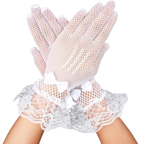 simarro Damen Spitzen Handschuhe,Kurze Netzhandschuhe Weiß Blumenspitzen Lace Gloves Sonnenschutz Handschuhe für Hochzeitsfeier Halloween Party Cosplay Teeparty Abschlussball Bekleidungs Zubehör