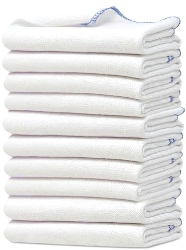 Towelogy Premium Extra Large Dish Cloths Pack of 10 - Cotton 38 x 45cm Odour Free & Super Absorbent Kitchen Dish Towels (White/Blue Edges, 10)