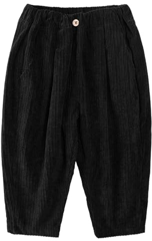 Volunboy Sólido Suelto Pierna Recta Palazzo Pantalones de Pana para Niños 2-7 Años, Casual Cintura Elástica con 3 Bolsillos(Negro,2-3 años,Tamaño 90)