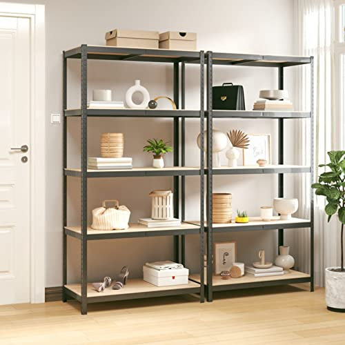 ZEYUAN Regale mit 5 Böden 2 STK Wohnzimmer Regal, Keller Regal, Lagerregal, Haushaltsregal, Aufbewahrung Garage, Standregal, Bücherregal, Anthrazit Stahl & Holzwerkstoff