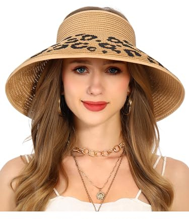 sy soul young Sombrero de verano para mujer, sombrero de paja, sombrero de sol, agujero ancho, borde ancho, protección UV, 50 sombreros plegables, gorra visorencap, Khaki with Leopard 2, Talla única