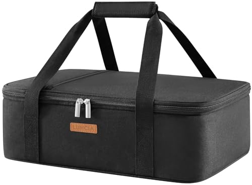 LUNCIA Insulated Single Decker Casserole Carrier, Lasagna Lugger Tote Keeps Food Hot or Cold, Thermal Lunch Bag for Potluck Parties, Picnic and Cookouts, Fits 9 x 13 Baking Dish, Black