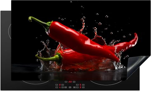 KitchenYeah© Herdabdeckplatte Einteilig Ceranfeld Abdeckplatte Küche Deko | 91.2x52 cm - Ceranfeldabdeckung Herdabdeckung Induktionsmatte Paprika - Rot - Schwarz - Wasser - Gemüse