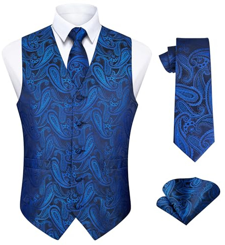 Enlision Gilet Bleu Homme Paisley Mariage Gilet de Cravate et Pochette Ensemble Classique Gilets Costume sans Manche pour Fête
