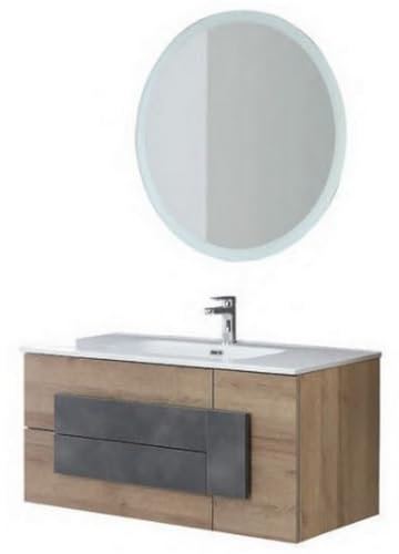 Bagno Italia Mobile bagno 100 cm con 2 cassetti e 1 anta arredo sospeso rovere lavabo e specchio