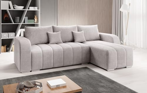 Easy4You Ecksofa Pufetto Creme Kord L-Form – 245x86x147 cm - Schlafsofa mit Bettkasten und Schlaffunktion - Eckcouch mit Stauraum – Stoff Kord Poso 100
