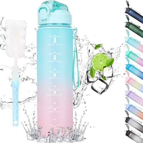 CodiCile 1L Water Bottle, Sports Water Bottle with Straw and Time Markings,Motivational Leakproof 1 litre Water Bottle with BPA Free Lid for Sports Gym Office Running (Mint Green Pink)