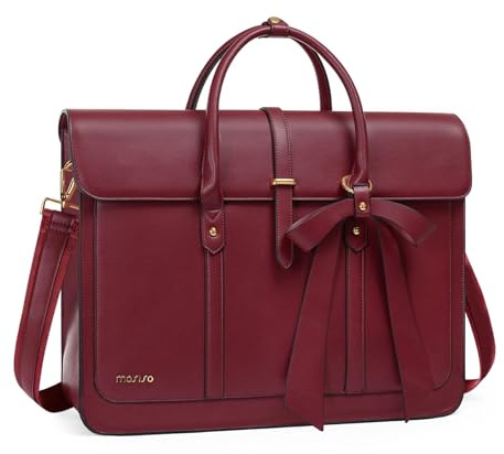 MOSISO Laptoptasche Damen 13-14 Zoll, PU Leder Handtasche Schultasche | Aktentasche Arbeitstasche Uni Tasche Büro Reisen Schultertasche Umrüstbar auf Rucksack mit Schleifenknoten, Weinrot