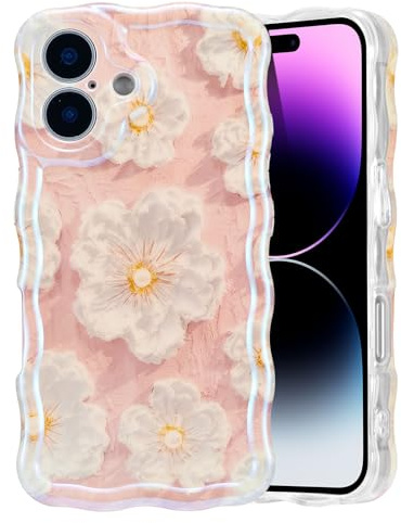 EYZUTAK Skal för iPhone 16 Plus, färgglatt fodral, retrostil, oljemålning, blomma, laser, glansigt, söta vågiga kanter, snyggt TPU-telefonskydd, hållbart, för flickor, kvinnor, ljusrosa
