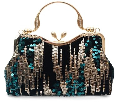 CORIOS Vintage 1920s Pailletten Abendtasche Damen Samt Clutch Tasche Elegante Diamant Schultertasche Hochzeit Brautbörse Handtasche Glänzend Strass Portemonnaie Tasche Kette Umhängetasche Dunkelgrün