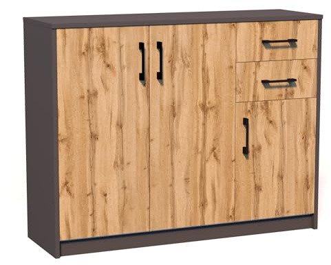 Home Collective Kommode mit 2 Schubladen und 3 Türen in matter Ausführung Kommode 110cm breit mit hochwertigen Polymergriffen Holz Schrank mit Schubladen Aus laminierter Platte gefertigt graphit Eiche