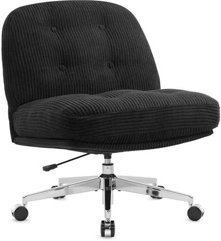 IWMH Bürostuhl ohne Armlehnen, Breiter und Dicker Drehstuhl mit Rollen,Höhenverstellbar Schreibtischstuhl mit Kordsamt, Ergonomischer Stuhl, Lesesessel zum Sitzen im Schneidersitz (Schwarz)