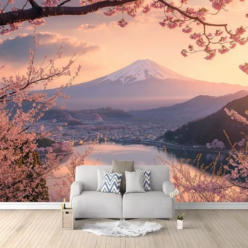 Papier Peint Panoramique Nature Fleurs De Cerisier Mont Fuji Décoration murale moderne 300 x 210 cm Poster Mural Papier Peints pour Salon Adulte et Enfant Chambre Rose Clair Papier Peint Intissé