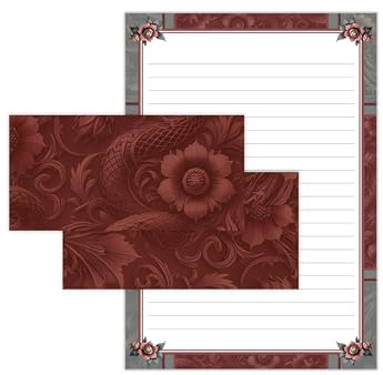 Briefpapier-Set Briefblock mit Umschlag für Kinder Erwachsene Geschenk Blumen im gotischen Stil rot grau (Block A4 mit 25 Blätter + 15 Umschläge DIN Lang)