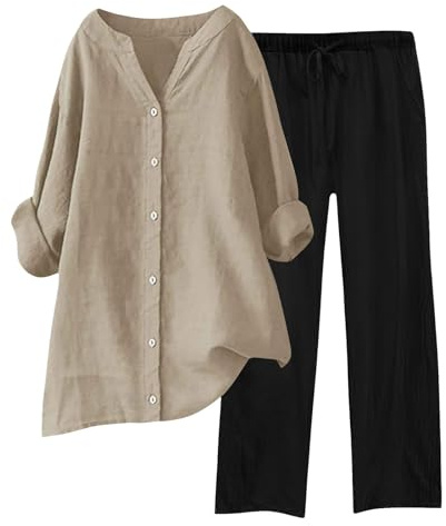 HOOUDO Womens Lounge Wear Sets Cotton Linen Ladies Tracksuit Set 2 Piece Summer Outfits Co Ord Sets Long Sleeve Blouses Tops and Wide Leg Trousers Casual Solid Loungewear Activewear with Pockets