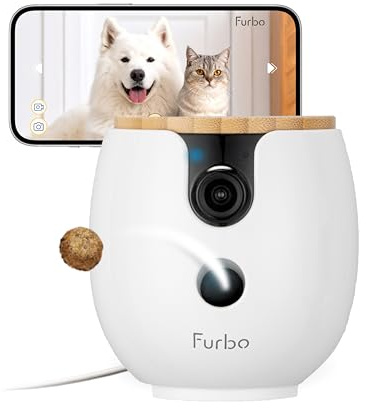 Furbo 360° Mini Pet Camera w/App (No Subs. Required) Smart Monitor for Dogs & Cats, Treat Dispenser, Rotating 360° View, Auto-Tracking, 1080p HD, 2-Way Audio & Colour Night Vision, Bark & Meow Alert