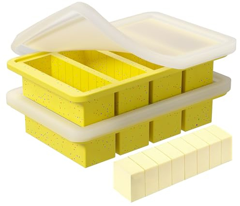 KASHME 2 Pcs Butter Molds With Stainless Steel Frame, Butter Mold With Measurements For Homemade Butter, Nonstick Silicone Butter Stick Molds With Lid, Fits 4 Oz Standard Butter Stick Size(Yellow)