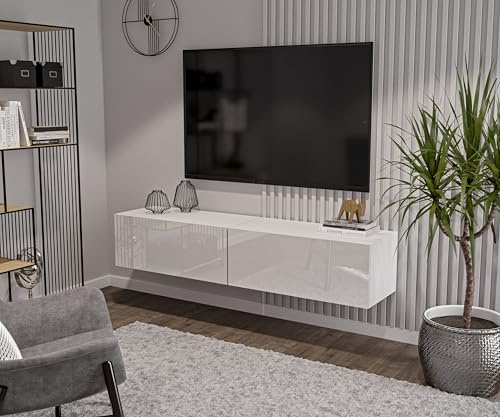 HAJDUK FURNITURE Weiß TV Lowboard 180 cm Hängeschrank für Wohnwand Fernsehtisch Hochglanz Front MDF Fernsehschrank Kabelöffnung Push-to-Open