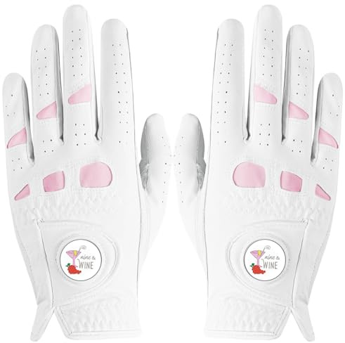 LOVMEAD Golfhandschuhe für Damen mit Ballmarker für Linke und rechte Hand, Cabretta-Leder im Paar, Damen-Golf-Handschuh, Regen-Griff, Allwetter-weich, bequem, flexibel, Größe S, M, L, XL (Weiß, M)