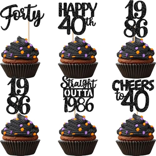 Xsstarmi 30 Pack Happy 40th Birthday Cupcake Toppers Black Glitter Forty Straight Outta 1986 Cupcake Picks for Cheers to 40 Years 40th Birthday Anniversary Party Cake Decorations