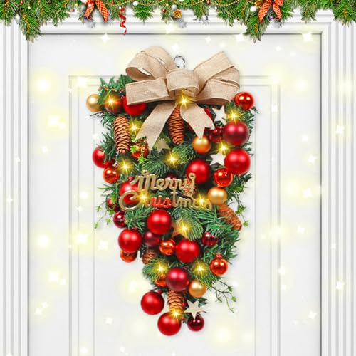 Türkranz Weihnachten mit 30 LEDs, 50cm Hoch Weihnachtskranz Haustür mit Schleifen Roten Kugeln und Süßigkeiten Weihnachtsdeko Tür Künstlicher Weihnachtstürkranz für Weihnachtsdekorationen (A)